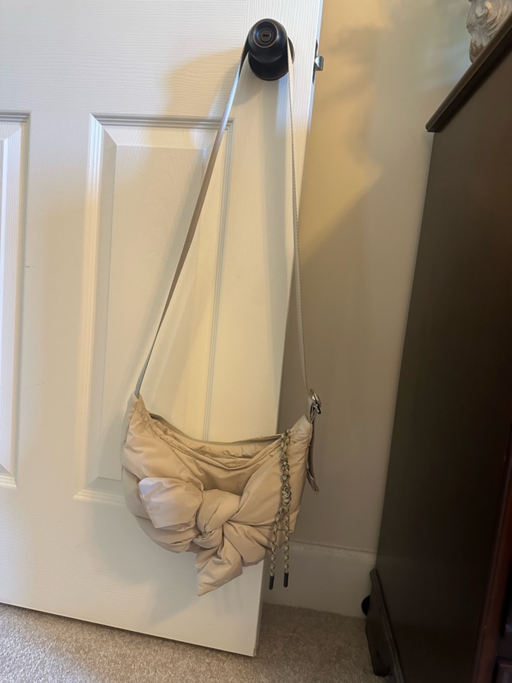 Cream Knot-Front Crossbody Bag with Braided Tassel